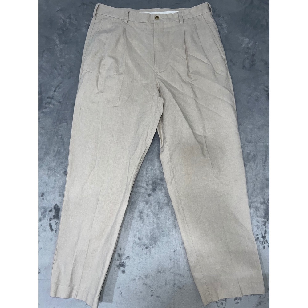 Roundtree & Yorke Gold Label Mens 34x30 Linen Cotton Pleated Khaki Pants Tan